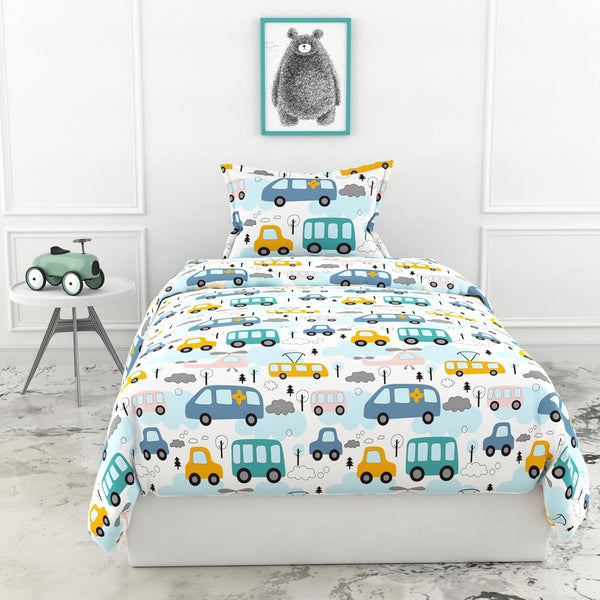Loreto Cotton Single Bedsheet | Bubblegum Blue Bus & Banana Yellow Cars