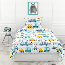 Loreto Cotton Single Bedsheet | Bubblegum Blue Bus & Banana Yellow Cars