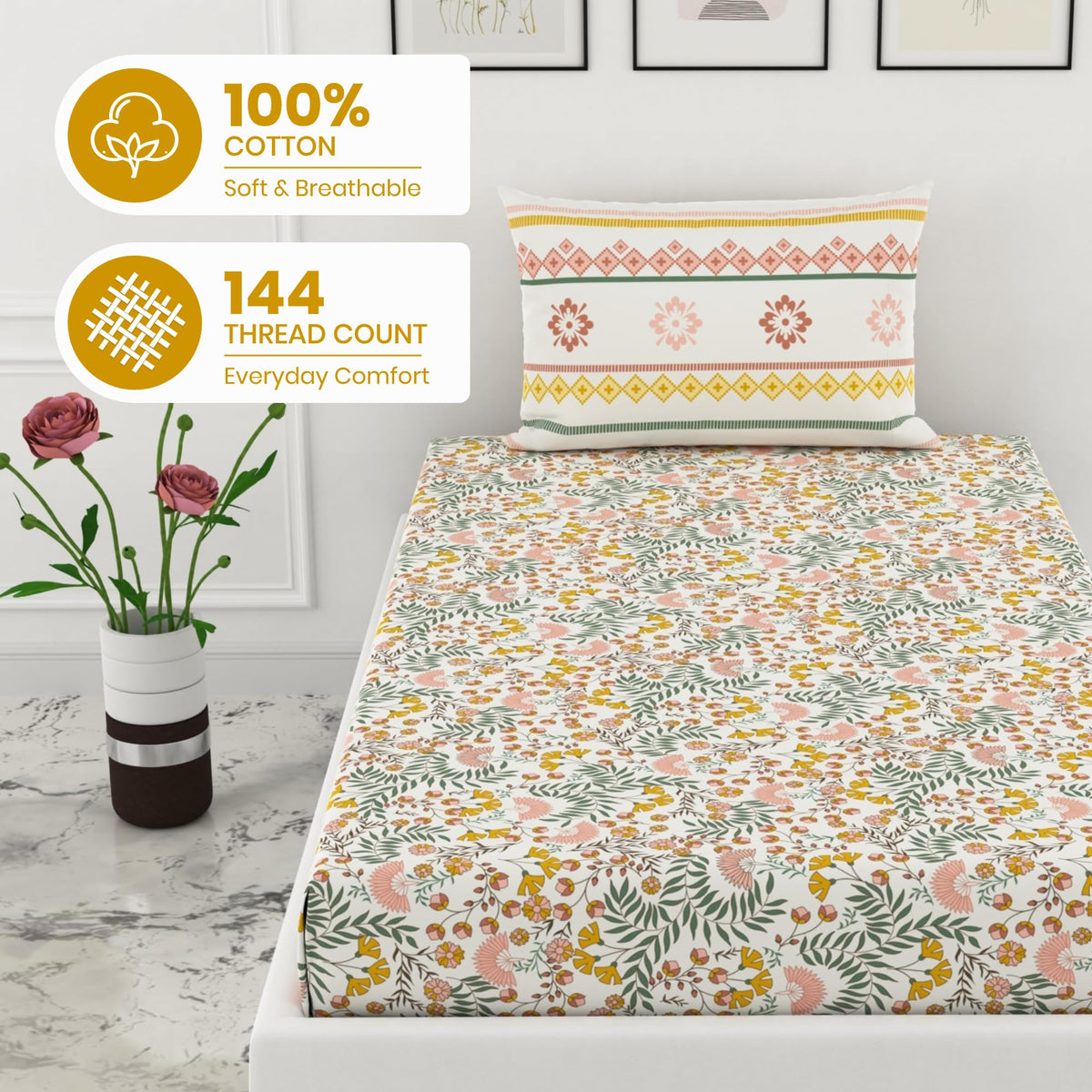 Ditsy Fresh Floral 144 TC 100% Cotton Elastic Fitted Single Bedsheet with 1 Pillow Cover - 78 x 36 Inches