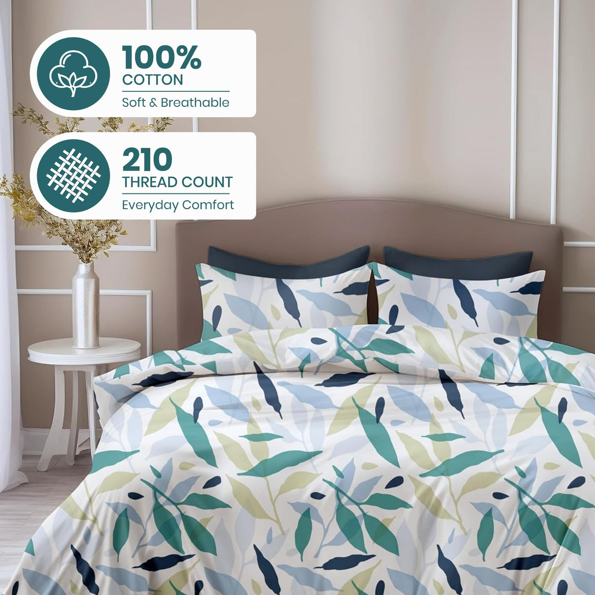 Green Leaf Double Bedsheet - 210 TC 100% Cotton with 2 Pillow Covers (90 x 90 Inches)