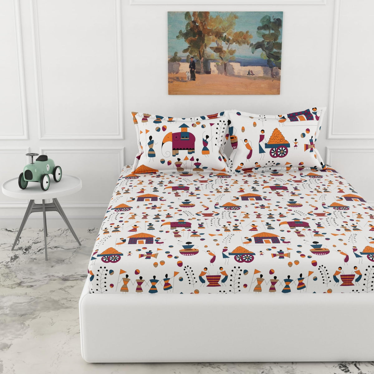 Loreto Tribal Motifs Double Fitted Bedsheet | 186 TC | 100% Cotton | Fits 78 x 60 Inches | 8 Inch Pocket - main product image
