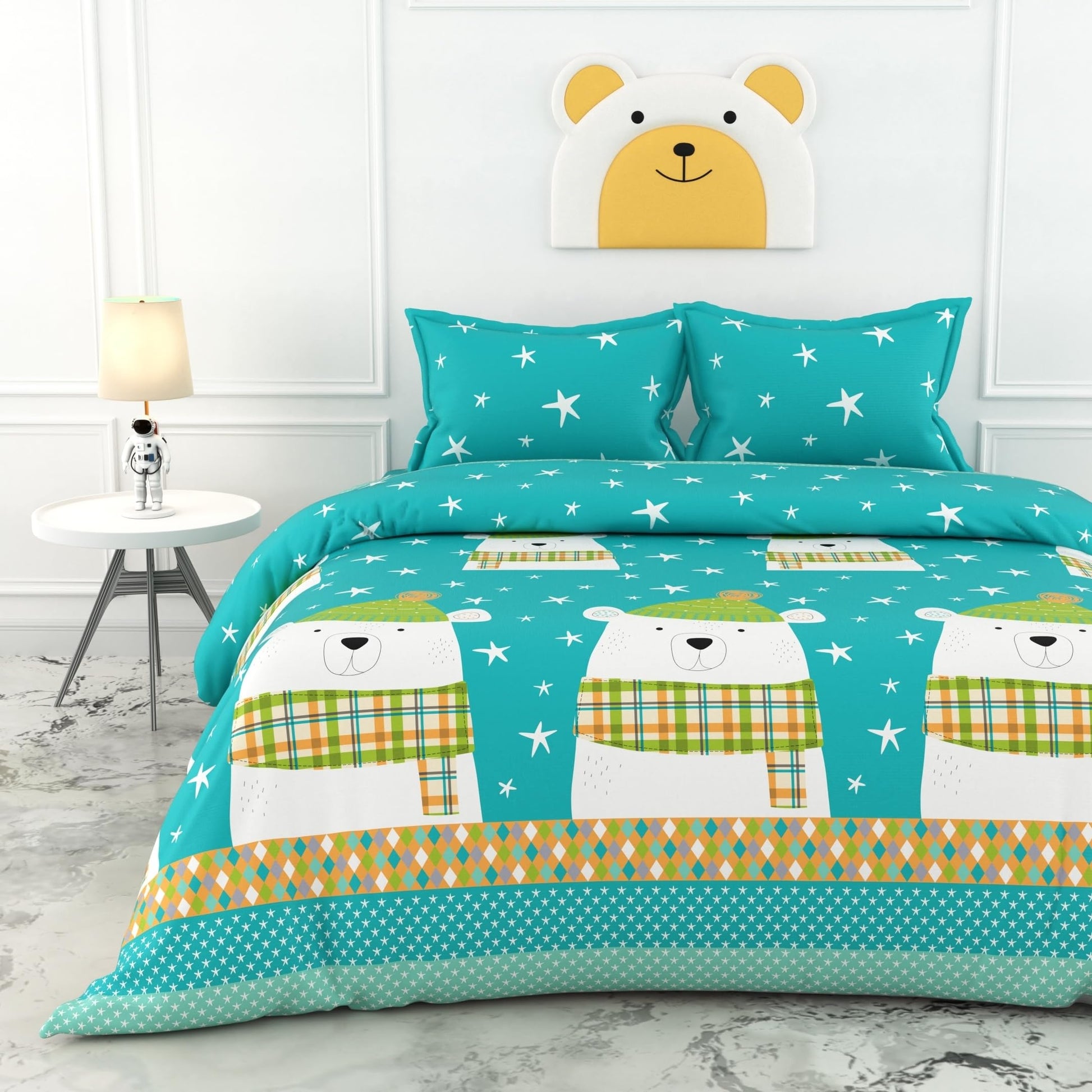 Aqua Teal Cozy Polar Bear 186 TC Cotton Double Bedsheet, 90 x 90 Inches -  Soft Percale Weave with 2 Pillow Covers, Durable & Breathable