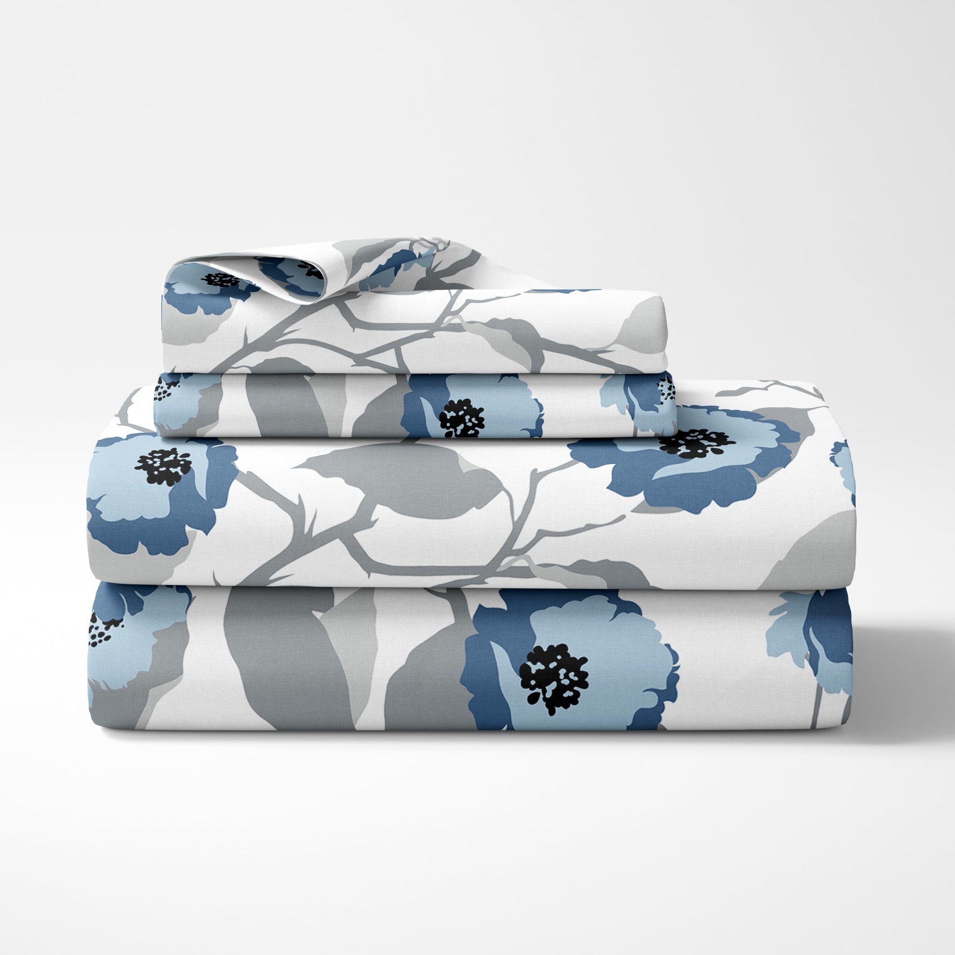 Blue & Grey Bloom 100% Pure Cotton Double Bedsheet, 186 TC, 90 x 108 Inches, Soft & Breathable with 2 Pillow Covers