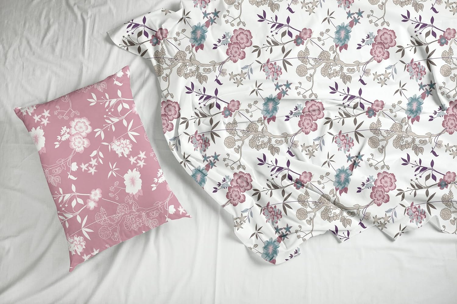 Blush Pink & Teal Blooms Soft & Breathable 100% Cotton Flat King Bedsheet, 144 TC