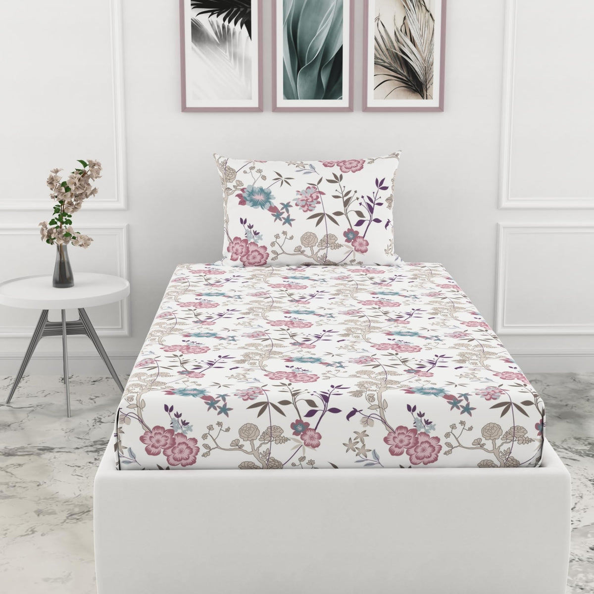 Loreto Cotton Single Fitted Bedsheet | Pink & Teal Floral 144 TC