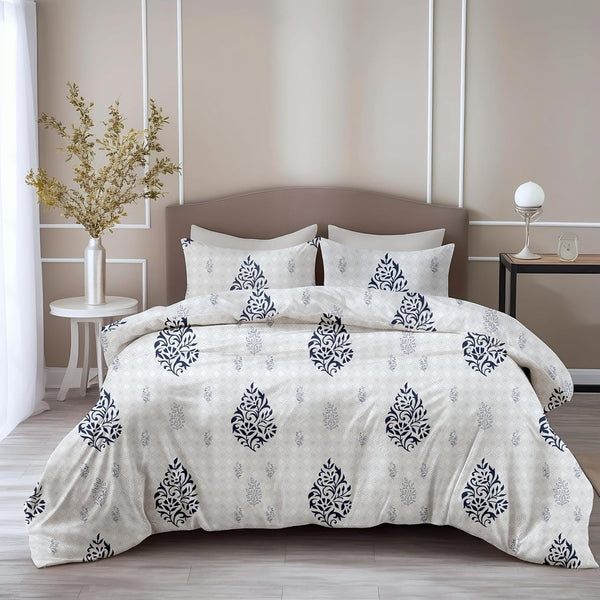 Loreto Cotton King Fitted Bedsheet | Navy Blue Floral Motif 186 TC Cotton Size Elastic with 2 Covers - 78 x 72 Inches