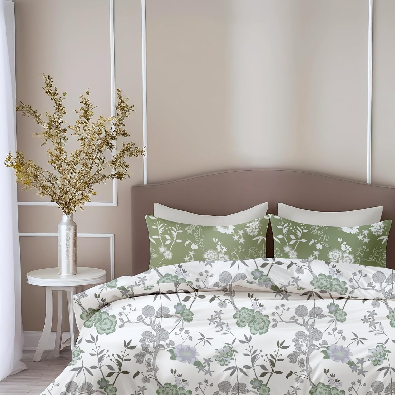 Sage Green Floral Harmony Soft & Breathable 100% Cotton Flat Double Bedsheet, 144 TC