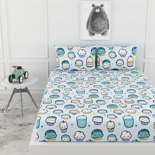 Loreto Cotton Double Fitted Bedsheet | Playful Kawaii Pastel Drinks Print