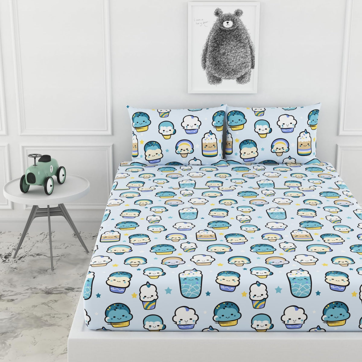 Playful Kawaii Pastel Drinks Print 100% Cotton Double Fitted Bedsheet, 144 TC, 78 x 60 Inches