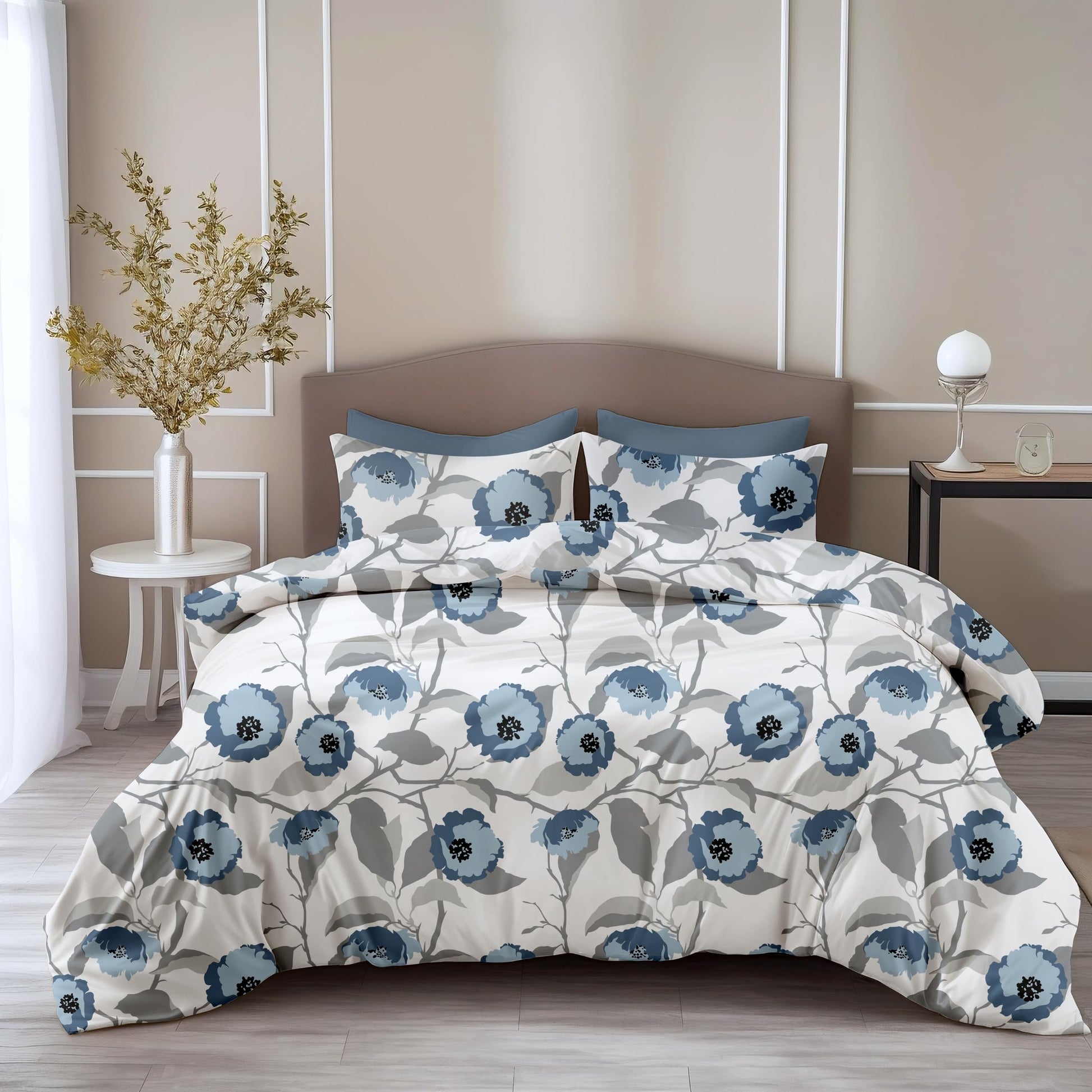 Blue & Grey Bloom 100% Pure Cotton Double Bedsheet, 186 TC, 90 x 108 Inches, Soft & Breathable with 2 Pillow Covers
