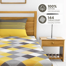 Yellow & Grey Checkered 100% Cotton Flat Single Bedsheet, 144 TC