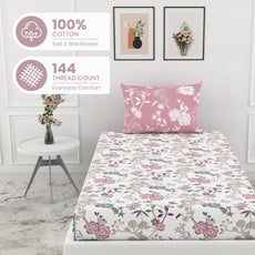 Pink & Teal Blooms 144 TC 100% Cotton Elastic Fitted Single Bedsheet with 1 Pillow Cover - 78 x 36 Inches