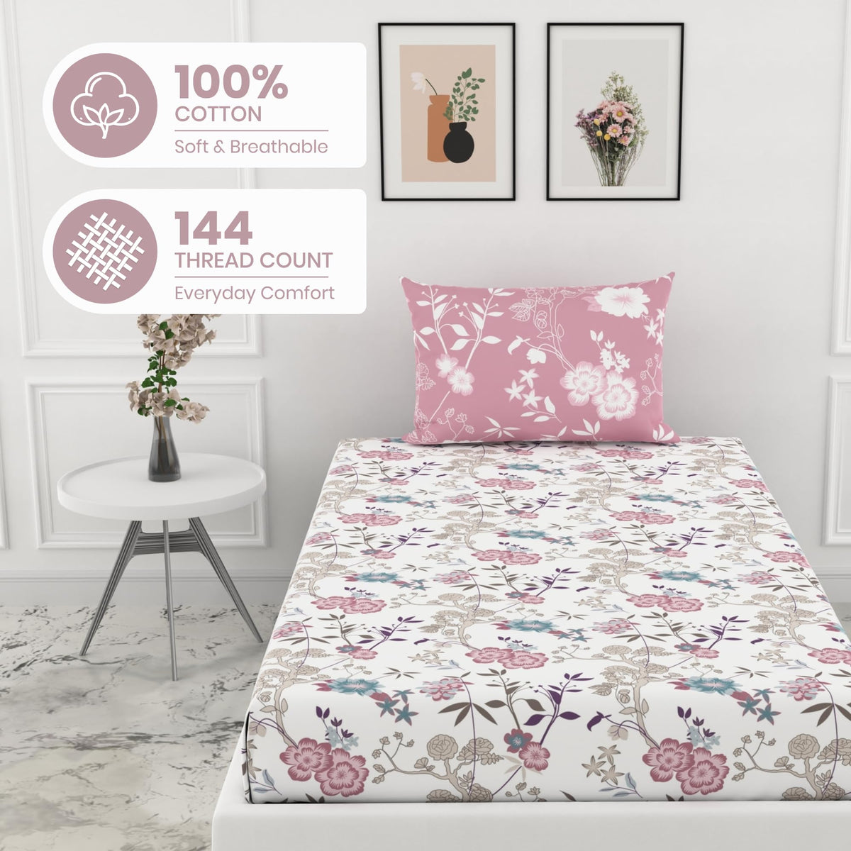 Pink & Teal Blooms 144 TC 100% Cotton Elastic Fitted Single Bedsheet with 1 Pillow Cover - 78 x 36 Inches