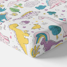 Rainbow Dino Fun & Deep Blue Olive Waves 100% Cotton Double Fitted Bedsheet with 2 Pillow Covers, 144 TC, 78 x 60 Inches