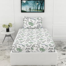 Loreto Cotton Single Fitted Bedsheet | Green & Silver Blooms 144 TC