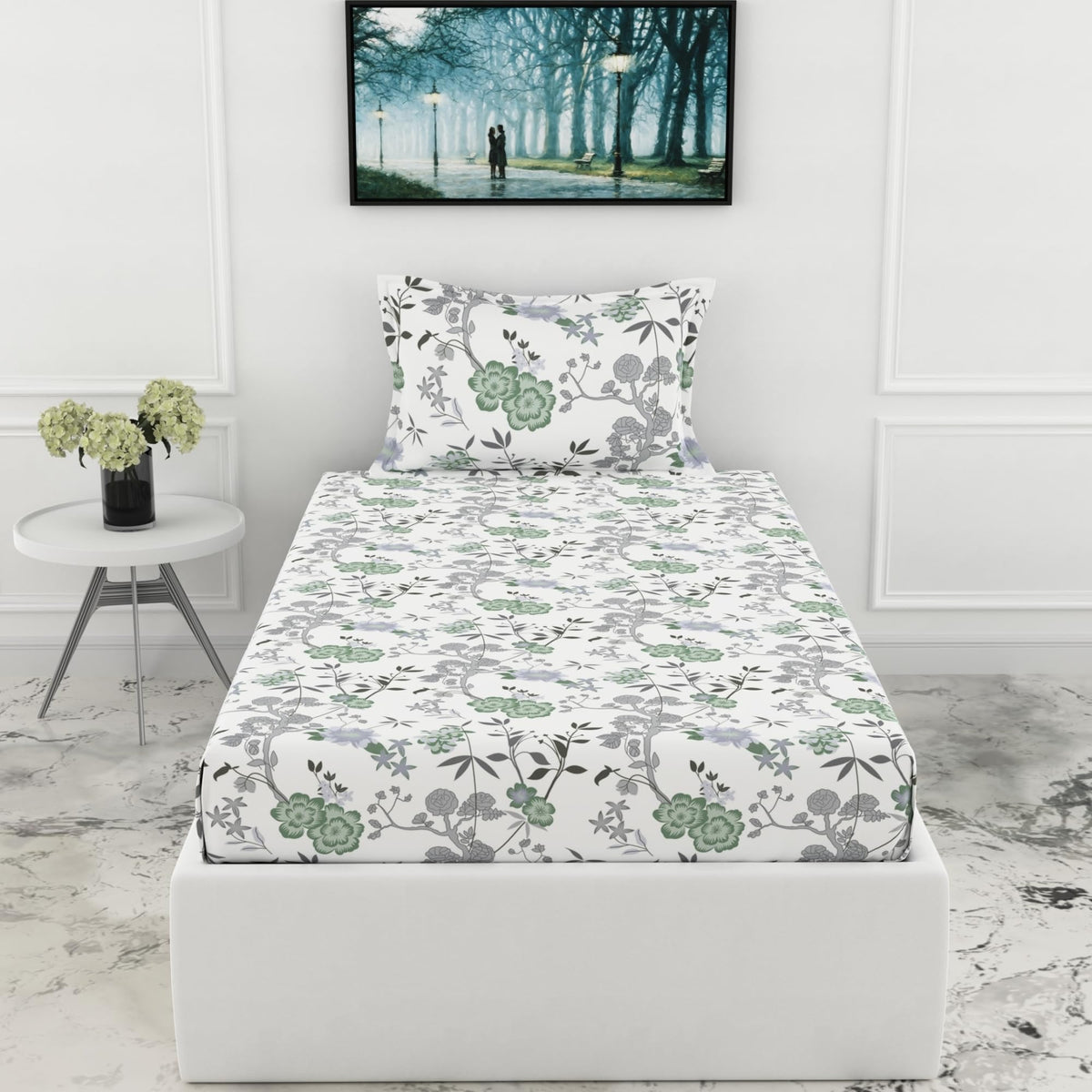 Loreto Sage Green & Silver Blooms Single Fitted Bedsheet | 144 TC | 100% Cotton | Fits 72 x 36 Inches | 8 Inch Pocket - main product image