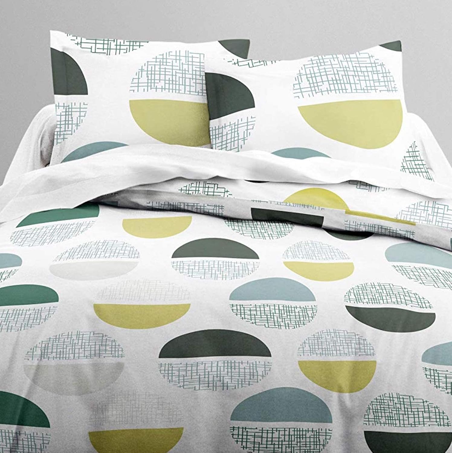 Muted Grey and Lime Circle Design 100% Cotton Flat King Bedsheet, 144 TC