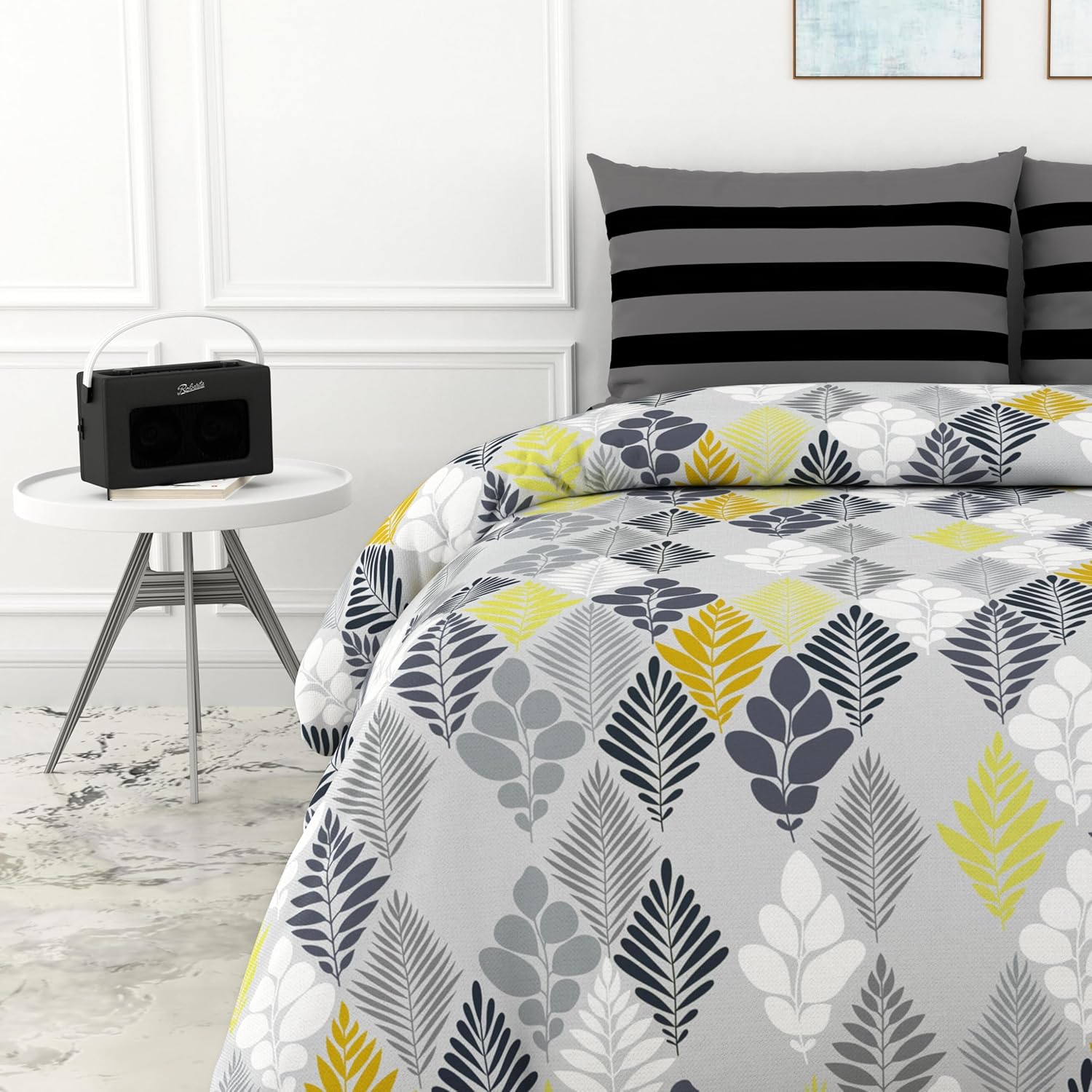Jadeite Grey and Yellow Floral 100% Cotton Flat Double Bedsheet, 144 TC