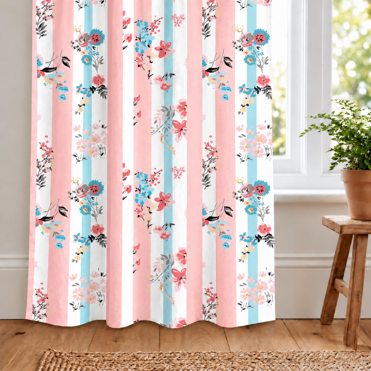 Loreto Blush Pink Floral Stripes Curtain | Set of 1 | 48 x 84 Inches - main product image