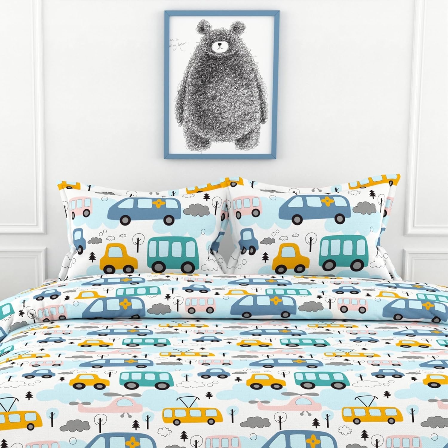 Bubblegum Blue Bus & Banana Yellow Cars 100% Cotton Flat King Bedsheet, 144 TC
