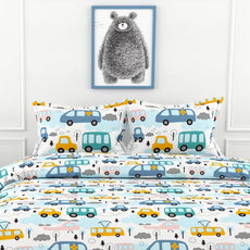 Bubblegum Blue Bus & Banana Yellow Cars 100% Cotton Flat King Bedsheet, 144 TC