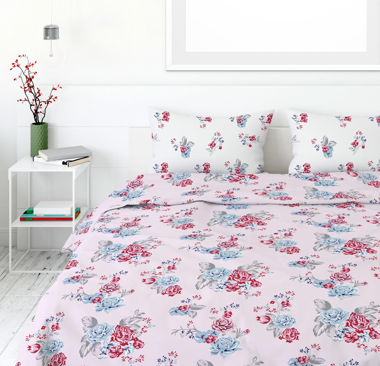 Floral Pinky Rose 100% Cotton Flat Double Bedsheet, 186 TC, 88 x 98 Inches