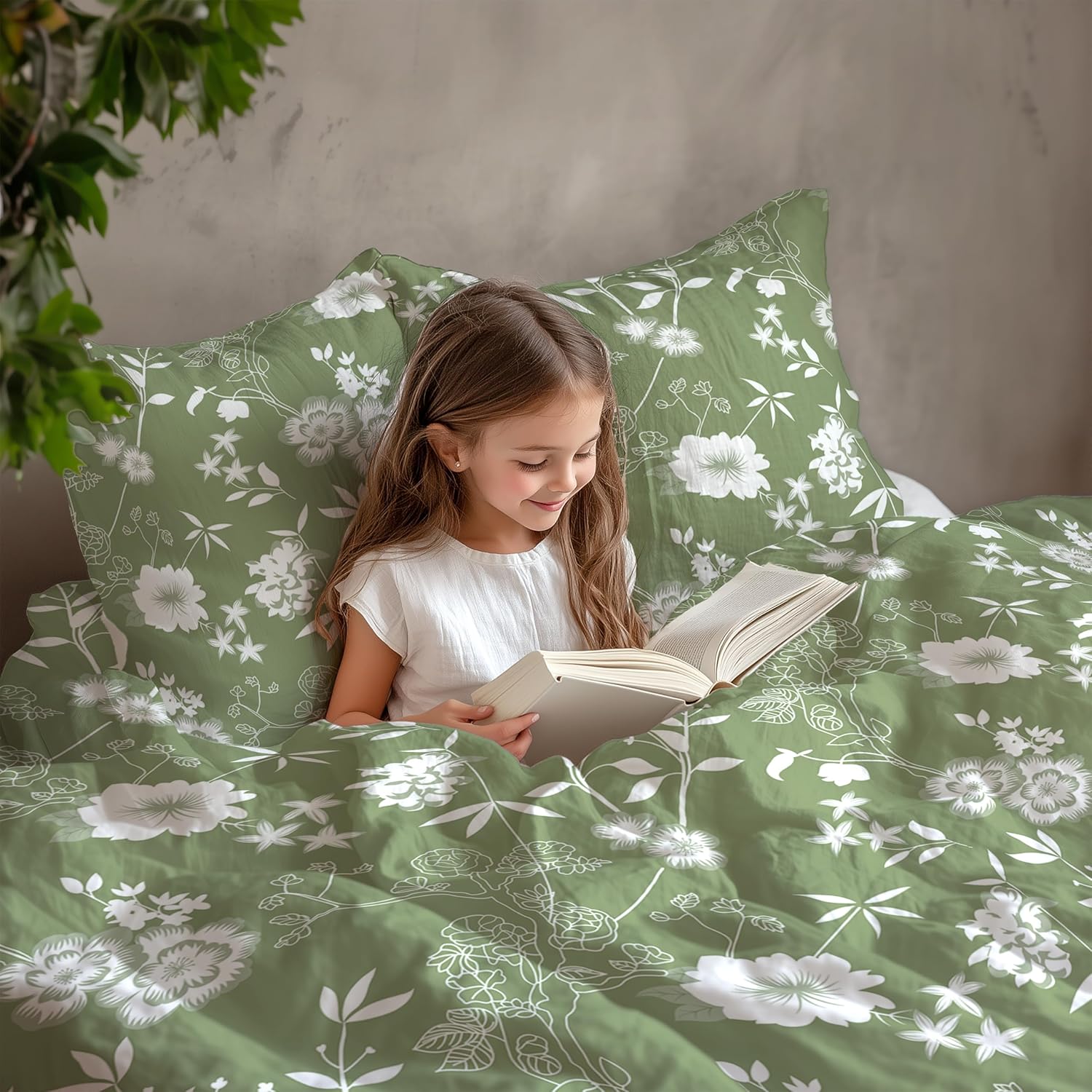 Olive Green Floral Whisper Soft & Breathable 100% Cotton Flat Double Bedsheet, 144 TC