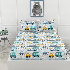 Blue Bus & Banana Yellow Cars 100% Cotton Double Fitted Bedsheet, 144 TC, 72 x 60 Inches