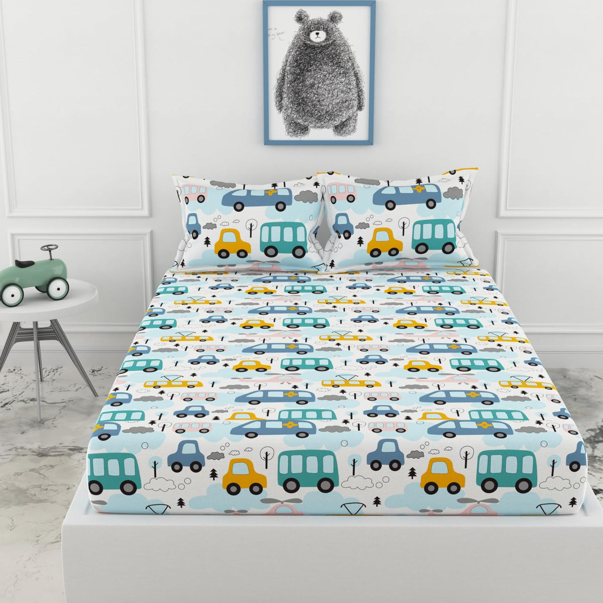 Blue Bus & Banana Yellow Cars 100% Cotton Double Fitted Bedsheet, 144 TC, 72 x 60 Inches