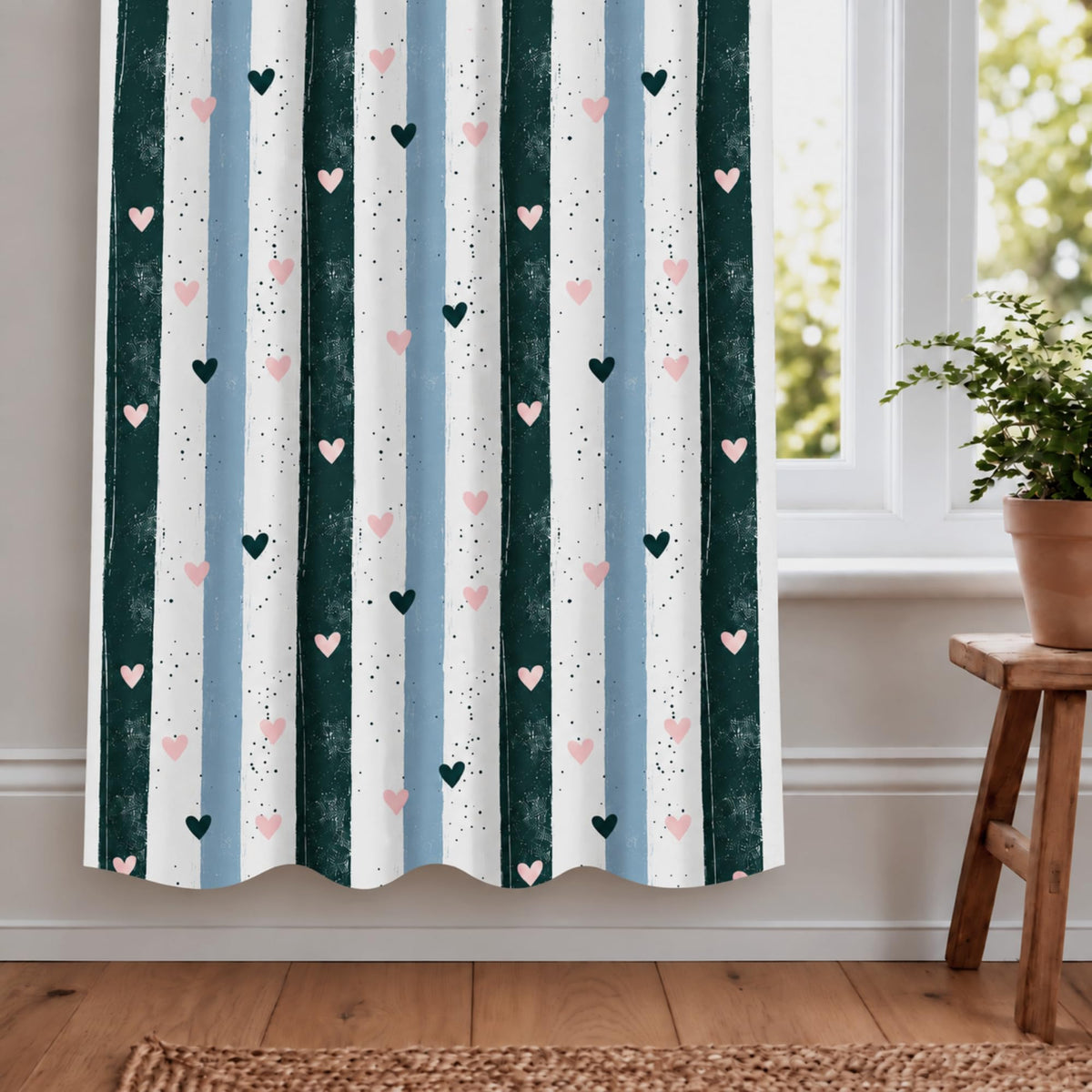 Loreto Teal Pink Heart Stripes Curtain | Set of 2 | 48 x 60 Inches - main product image