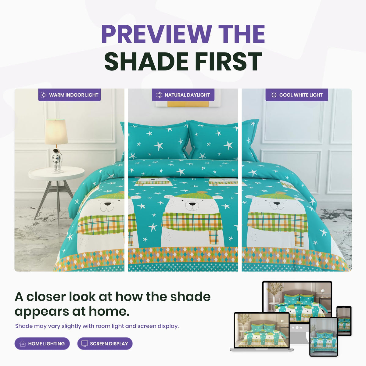 Aqua Teal Cozy Polar Bear 186 TC Cotton Double Bedsheet, 90 x 90 Inches -  Soft Percale Weave with 2 Pillow Covers, Durable & Breathable