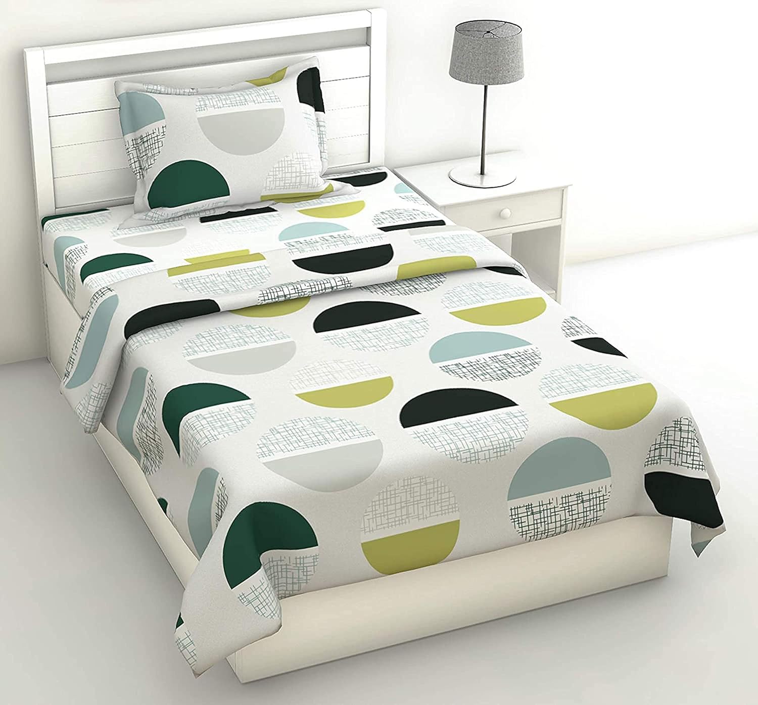 Muted Grey and Lime Circle Design 100% Cotton Flat Single Bedsheet, 144 TC