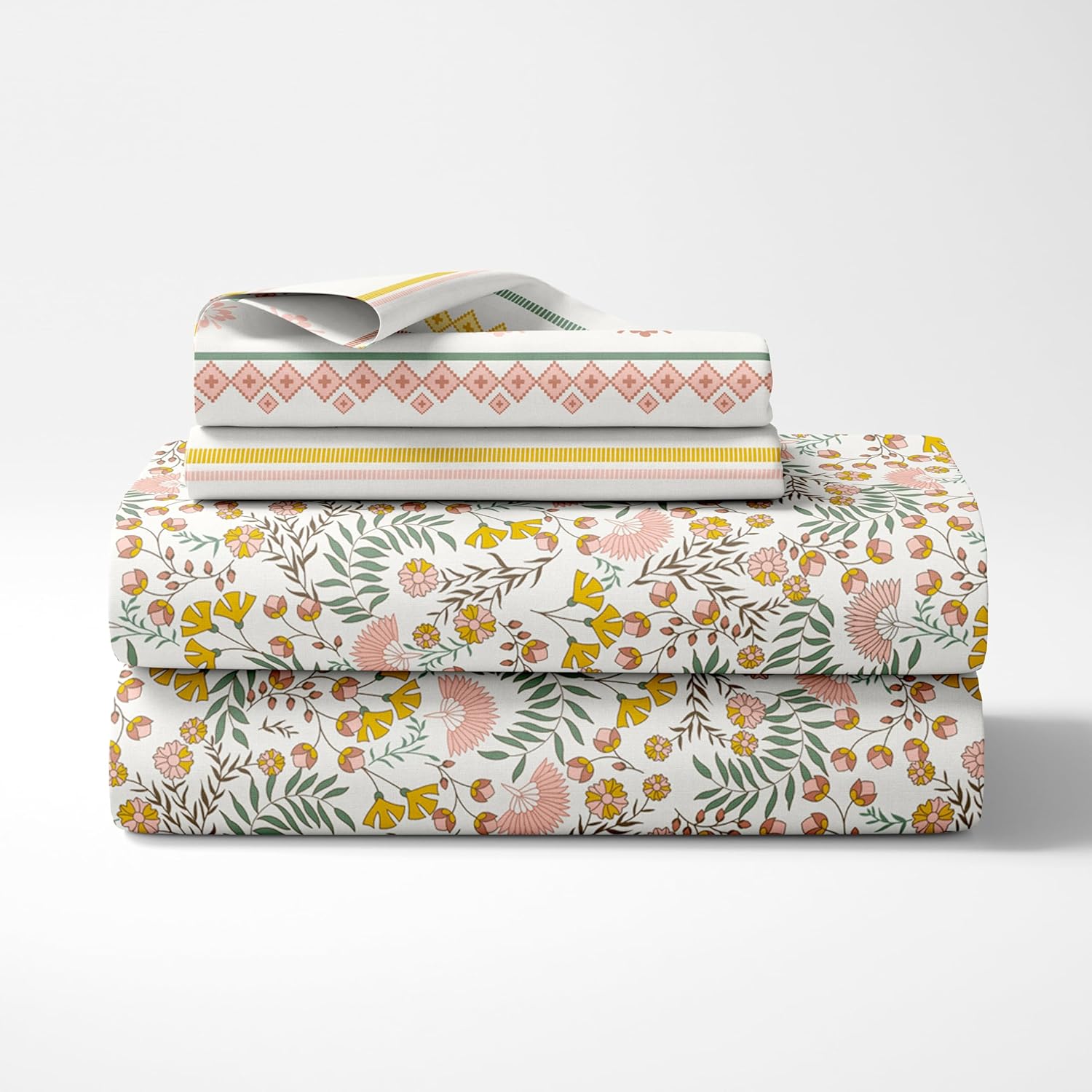 Green and Yellow Botanical Harmony 100% Cotton Flat Single Bedsheet, 144 TC