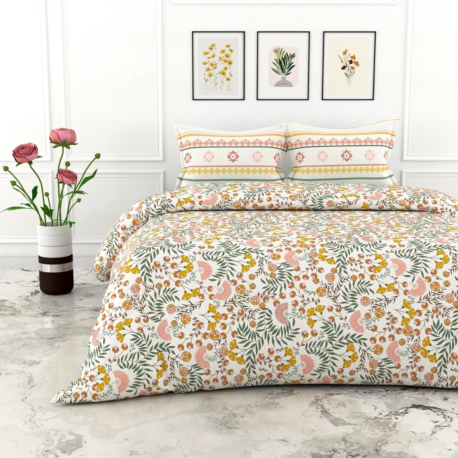 Loreto Cotton Double Bedsheet | Green and Yellow Botanical Harmony