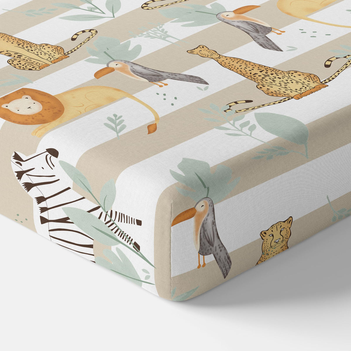100% Cotton King Size Fitted Bedsheet 78 x 72 Inches with 2 Pillow Covers | Jungle Beige & Green Print | Soft & Breathable 144 TC Fabric