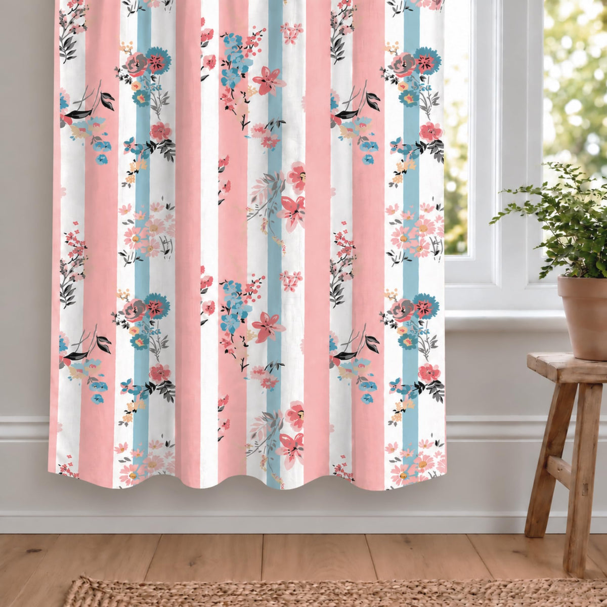 Loreto Blush Pink Floral Stripes Curtain | Set of 1 | 48 x 60 Inches - main product image