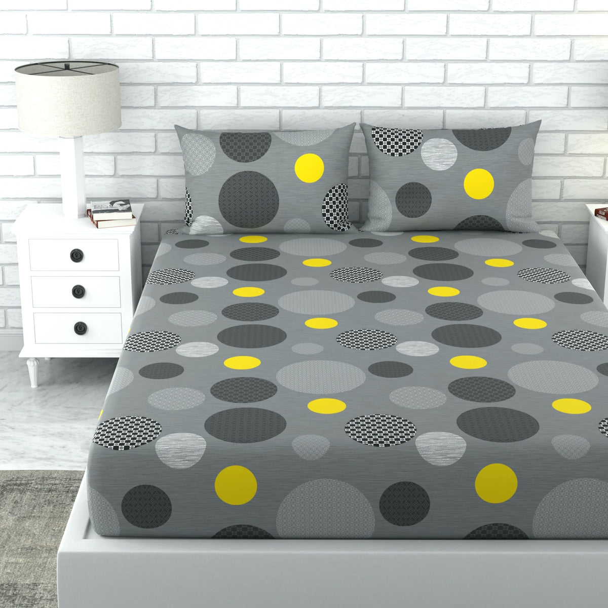 Loreto Yellow Circle Double Fitted Bedsheet | 144 TC | 100% Cotton | Fits 78 x 60 Inches - main product image