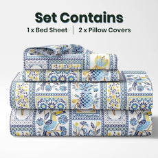 Royal Parrot Flora Print Blue 100% Cotton Double Bedsheet with 2 Pillow Covers, 144 TC, 88 x 90 Inches
