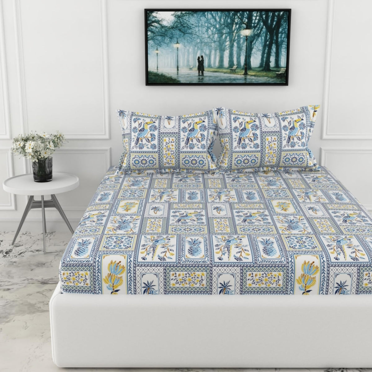 Loreto Royal Parrot Flora Print - Blue King Fitted Bedsheet | 144 TC | 100% Cotton | Fits 72 x 72 Inches | 8 Inch Pocket - main product image