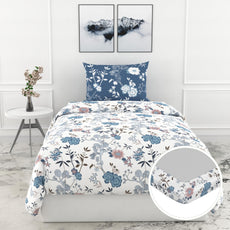 Blue & Blush Garden 144 TC 100% Cotton Elastic Fitted Single Bedsheet with 1 Pillow Cover - 78 x 36 Inches