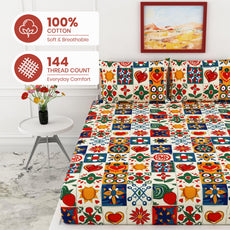 Vibrant Red & Cobalt Blue 100% Cotton Double Fitted Bedsheet, 144 TC, 78 x 60 Inches