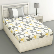 Grey and White Flower 100% Cotton Flat Single Bedsheet, 144 TC