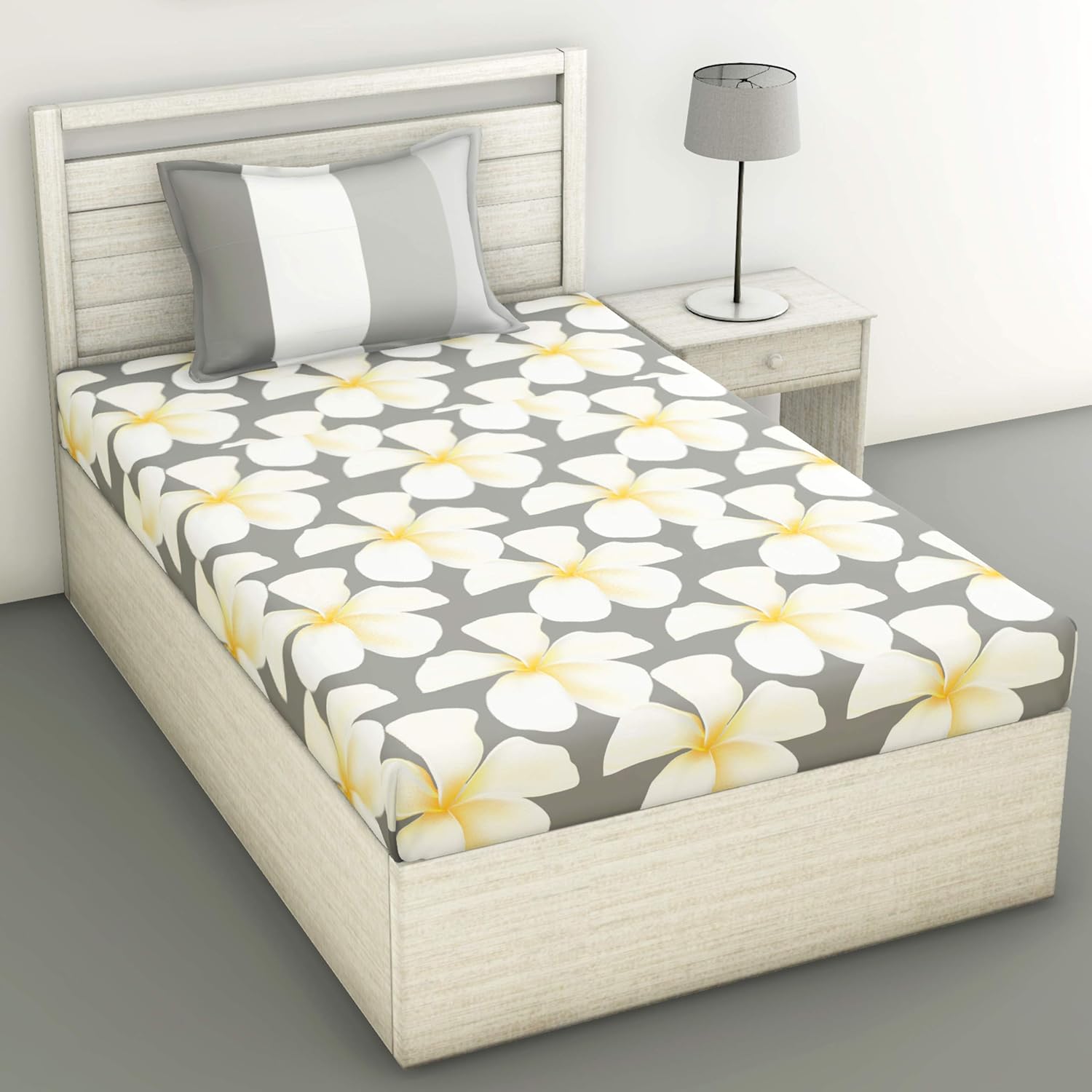 Grey and White Flower 100% Cotton Flat Single Bedsheet, 144 TC