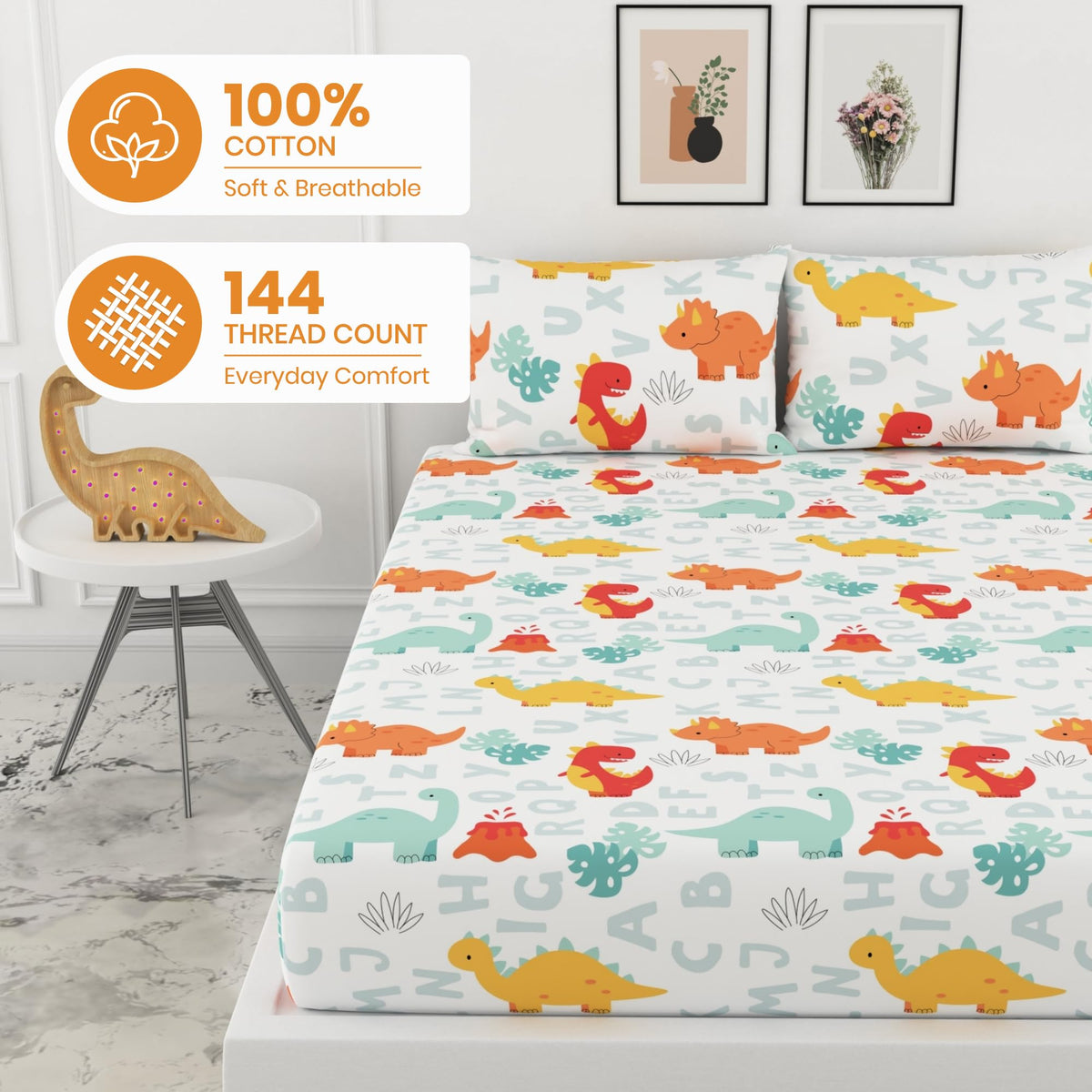 Orange & Mint 100% Cotton King Size Elastic Fitted Bedsheet with 2 Pillow Covers, 144 TC, 78 x 72 Inches