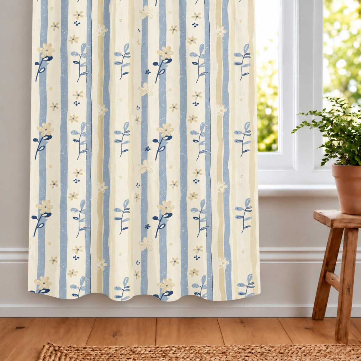Loreto Powder Blue Daisy Stripes Curtain | Set of 1 | 48 x 60 Inches - main product image