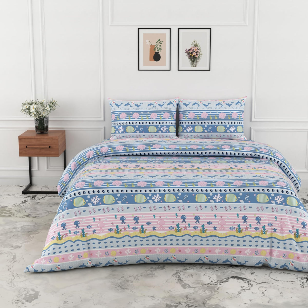 Loreto Pastel Blue Pink Sea Stripes King Bedsheet | 186 TC | 100% Cotton | 108 x 108 Inches - main product image