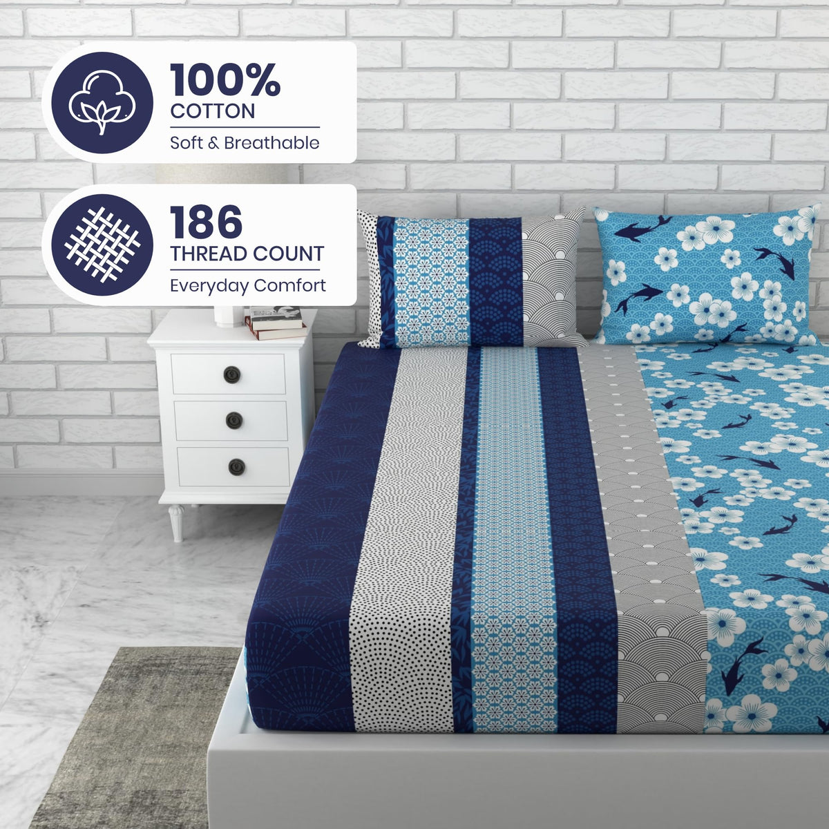 Blue Floral 100% Cotton Flat Double Bedsheet, 186 TC