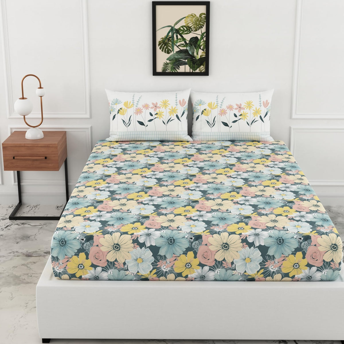 Loreto Dusty Teal Pastel Floral Double Fitted Bedsheet | 186 TC | 100% Cotton | Fits 78 x 60 Inches | 8 Inch Pocket - main product image