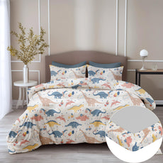 Coral Blue Dino Party 100% Cotton Double Fitted Bedsheet with 2 Pillow Covers, 144 TC, 78 x 60 Inches