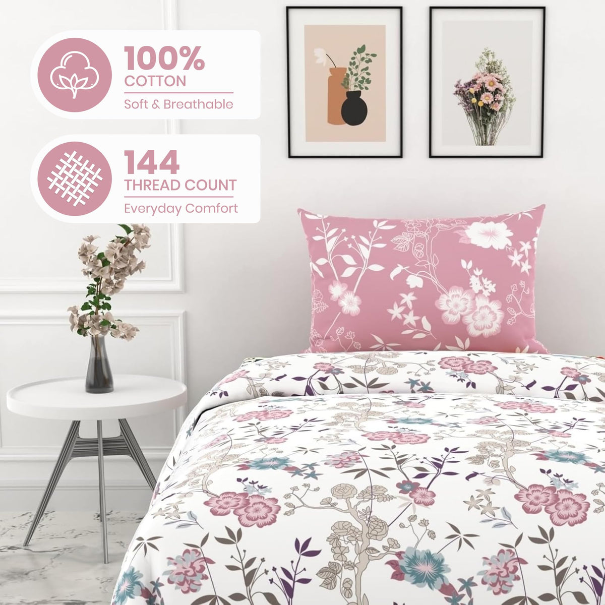 Blush Pink & Teal Blooms Soft & Breathable 100% Cotton Flat Single Bedsheet, 144 TC